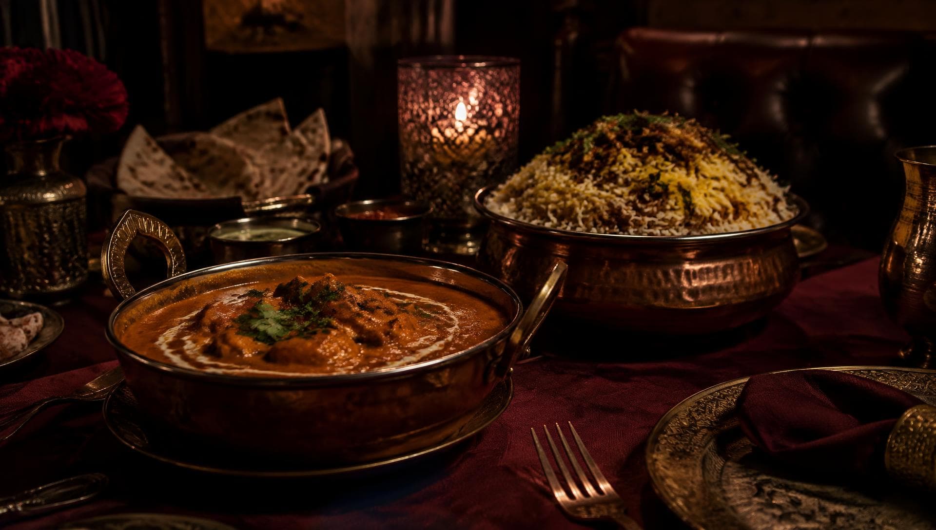 Indian dishes served at a candlelit table