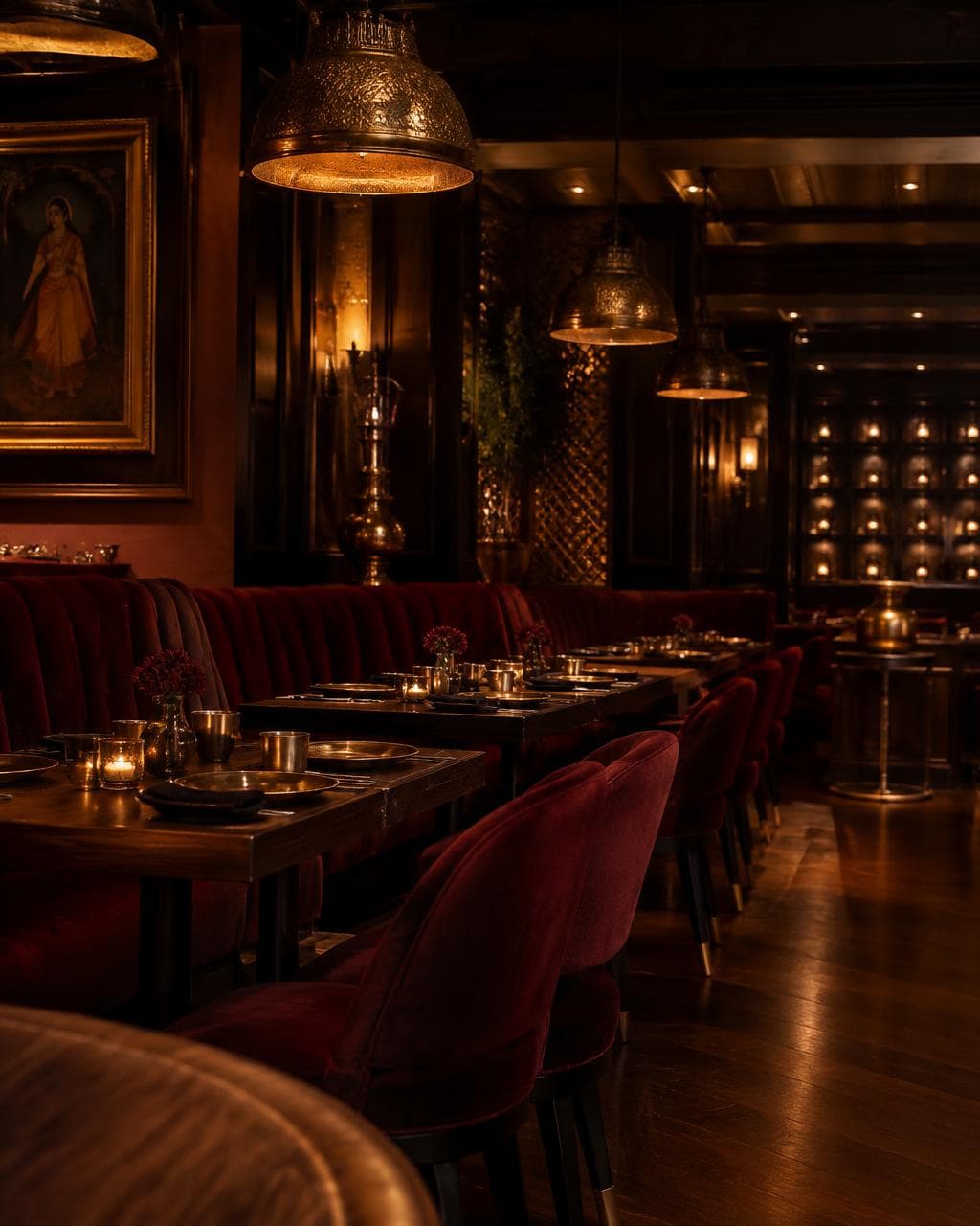 Warm restaurant interior with candlelit tables