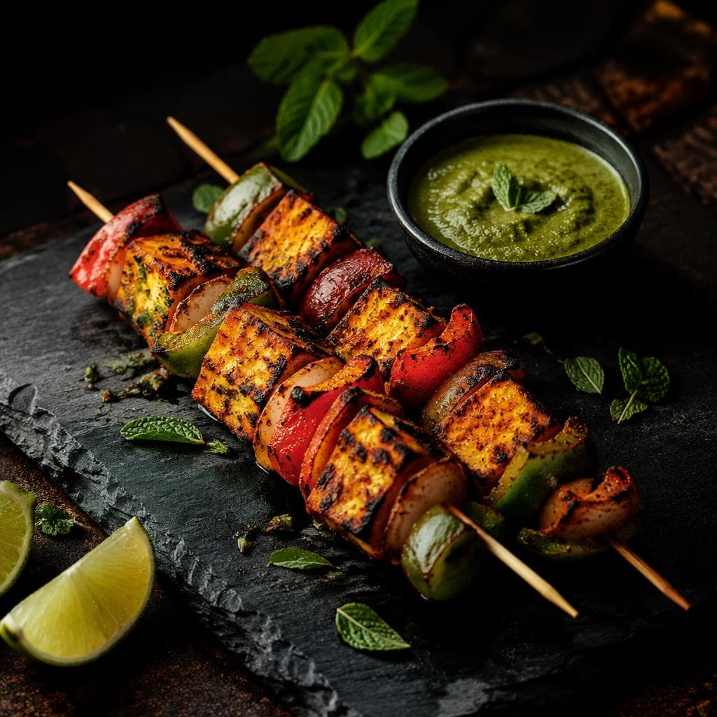 Charred paneer tikka skewers