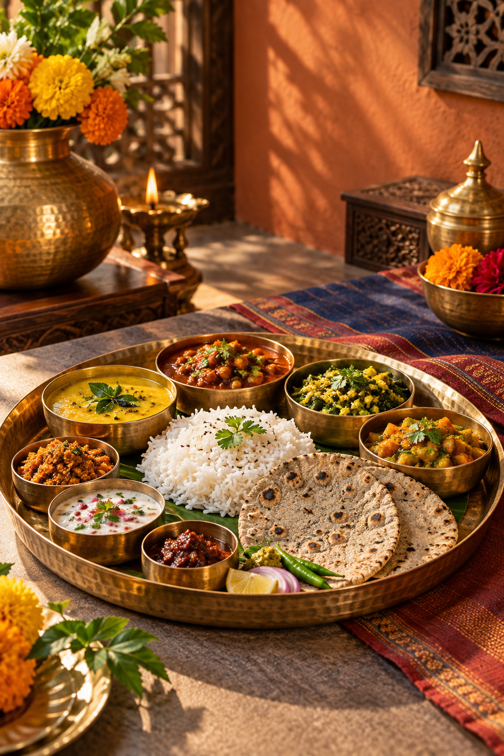 Maharashtrian thali on a brass platter